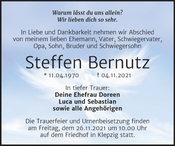 Traueranzeige von Steffen Bernutz von Trauerkombi Köthen