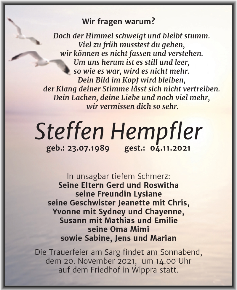  Traueranzeige für Steffen Hempfler vom 13.11.2021 aus Mitteldeutsche Zeitung Mansfelder Land