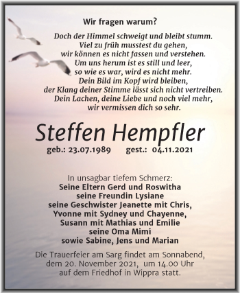 Traueranzeige von Steffen Hempfler von Mitteldeutsche Zeitung Mansfelder Land