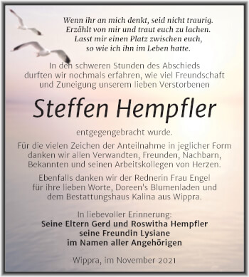 Traueranzeige von Steffen Hempfler von Trauerkombi Sangerhausen