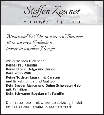 Traueranzeige von Steffen Zeuner von Trauerkombi Quedlinburg