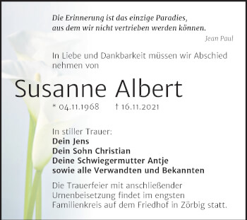 Traueranzeige von Susanne Albert von Trauerkombi Bitterfeld