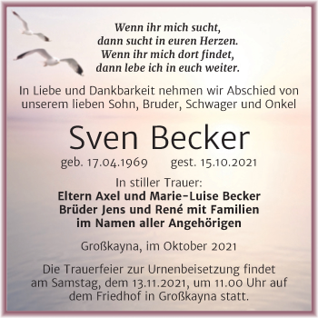 Traueranzeige von Sven Becker von Trauerkombi Merseburg