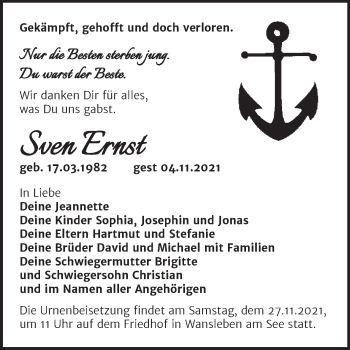 Traueranzeige von Sven Ernst von Mitteldeutsche Zeitung Halle/Saalkreis