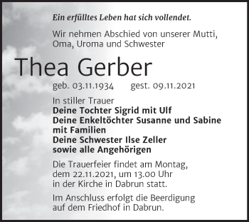 Traueranzeige von Thea Gerber von Trauerkombi Wittenberg