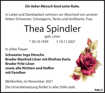 Traueranzeige von Thea Spindler von Trauerkombi Weißenfels