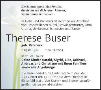 Traueranzeige von Therese Buser von Trauerkombi Bitterfeld