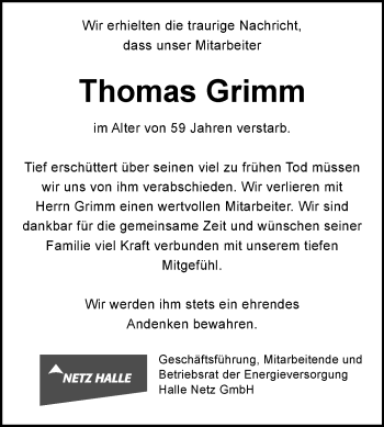 Traueranzeige von Thomas Grimm von Mitteldeutsche Zeitung Halle/Saalkreis