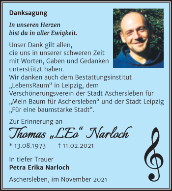 Traueranzeige von Thomas Narloch von Trauerkombi Aschersleben