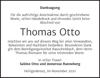 Traueranzeige von Thomas Otto von Wochenspiegel Naumburg/Nebra