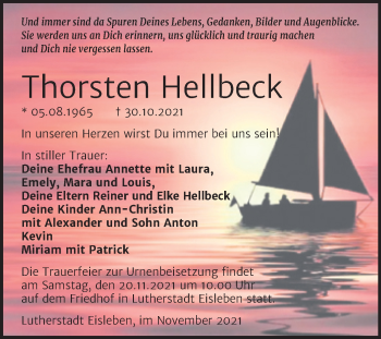 Traueranzeige von Thorsten Hellbeck von Trauerkombi Mansfelder Land