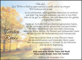 Traueranzeige von Torsten Rinke von Wochenspiegel Naumburg/Nebra