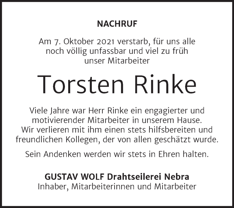  Traueranzeige für Torsten Rinke vom 06.11.2021 aus Naumburger Tageblatt