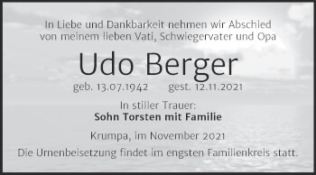 Traueranzeige von Udo Berger von Trauerkombi Merseburg
