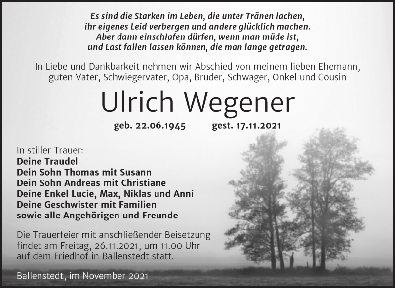  Traueranzeige für Ulrich Wegener vom 23.11.2021 aus Mitteldeutsche Zeitung Quedlingburg