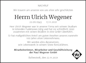 Traueranzeige von Ulrich Wegener von Super Sonntag Quedlingburg