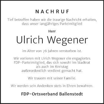 Traueranzeige von Ulrich Wegener von Mitteldeutsche Zeitung Quedlingburg
