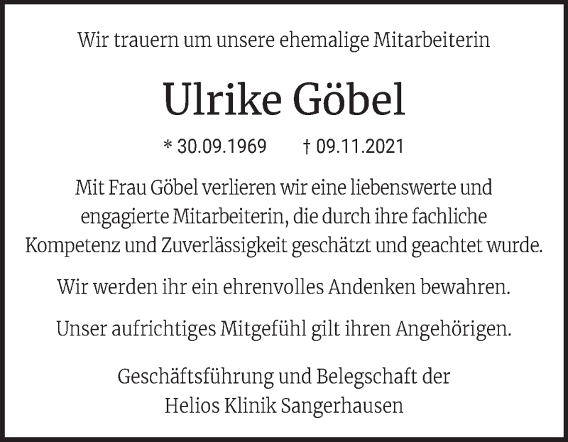  Traueranzeige für Ulrike Göbel vom 20.11.2021 aus Mitteldeutsche Zeitung Sangerhausen