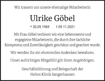Traueranzeige von Ulrike Göbel von Mitteldeutsche Zeitung Sangerhausen