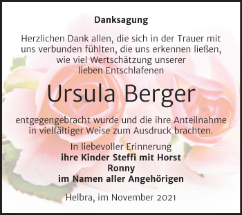 Traueranzeige von Ursula Berger von Trauerkombi Mansfelder Land