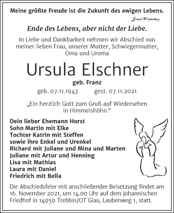 Traueranzeige von Ursula Elschner von Trauerkombi Wittenberg