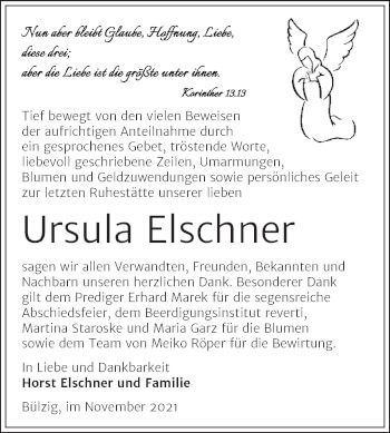 Traueranzeige von Ursula Elschner von Trauerkombi Wittenberg