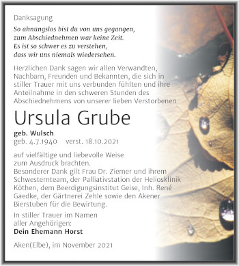 Traueranzeige von Ursula Grube von Trauerkombi Köthen