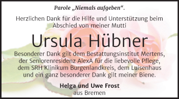 Traueranzeige von Ursula Hübner von Naumburger Tageblatt