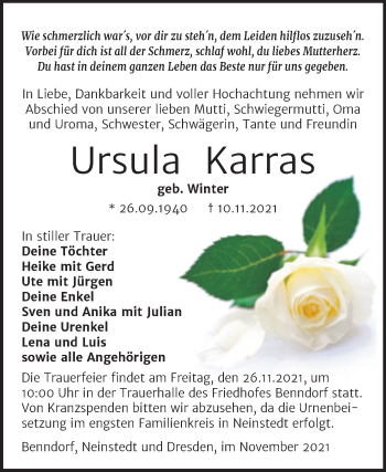 Traueranzeige von Ursula Karras von Trauerkombi Mansfelder Land
