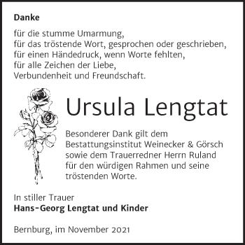 Traueranzeige von Ursula Lengtat von Trauerkombi Bernburg