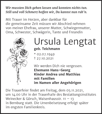 Traueranzeige von Ursula Lengtat von Trauerkombi Bernburg