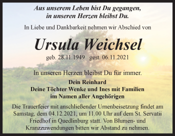 Traueranzeige von Ursula Weichsel von Trauerkombi Quedlinburg