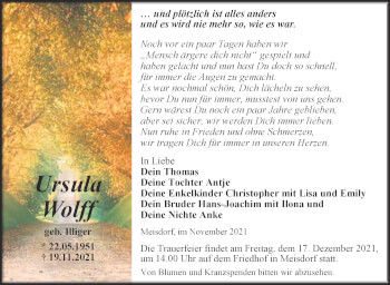 Traueranzeige von Ursula Wolff von Trauerkombi Quedlinburg