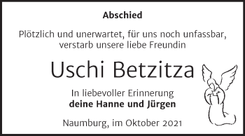 Traueranzeige von Uschi Betzitza von Wochenspiegel Naumburg/Nebra