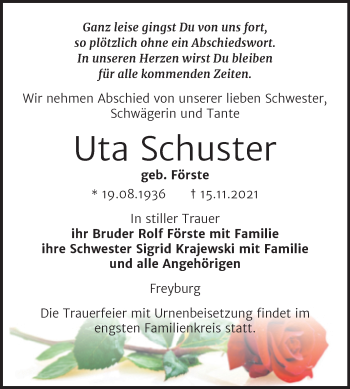 Traueranzeige von Uta Schuster von Wochenspiegel Naumburg/Nebra