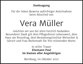 Traueranzeige von Vera Müller von Trauerkombi Bernburg