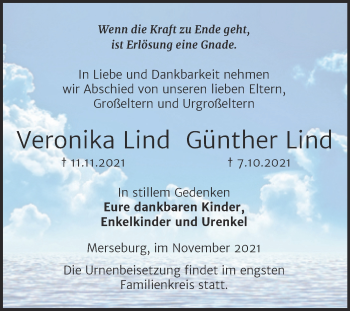 Traueranzeige von Veronika und Günther Lind von Trauerkombi Merseburg