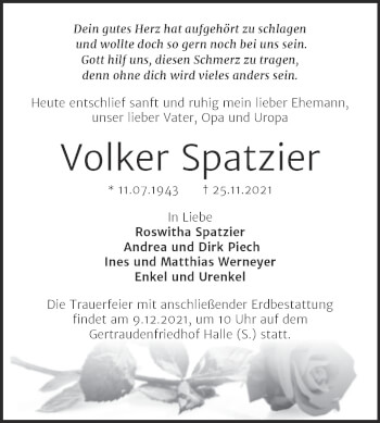 Traueranzeige von Volker Spatzier von Mitteldeutsche Zeitung Halle/Saalkreis