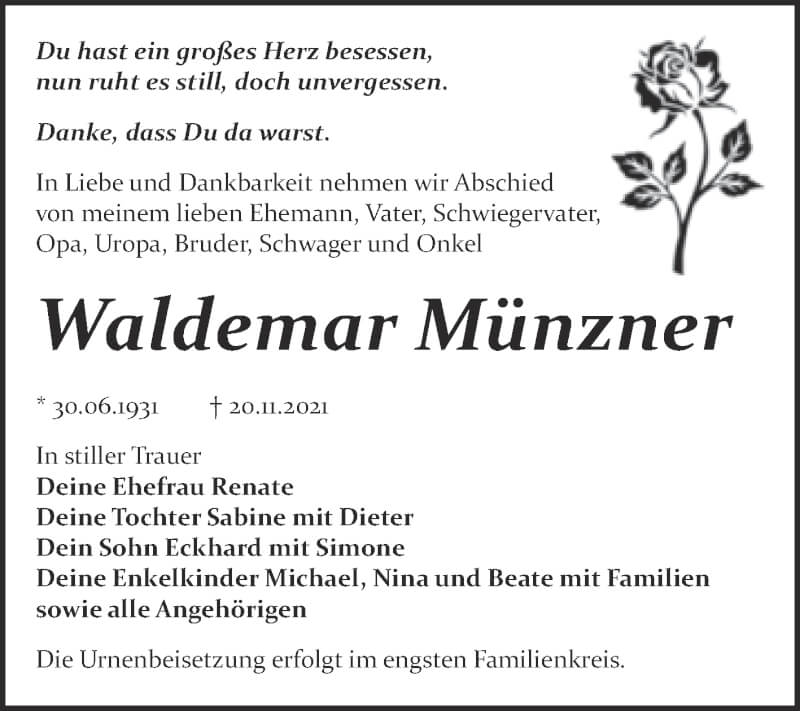  Traueranzeige für Waldemar Münzner vom 27.11.2021 aus Trauerkombi Bitterfeld