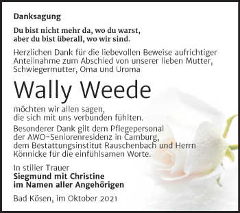 Traueranzeige von Wally Weede von Naumburger Tageblatt