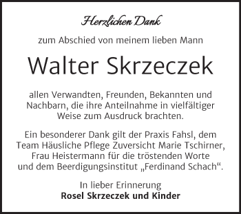 Traueranzeige von Walter Skrzeczek von Trauerkombi Wittenberg