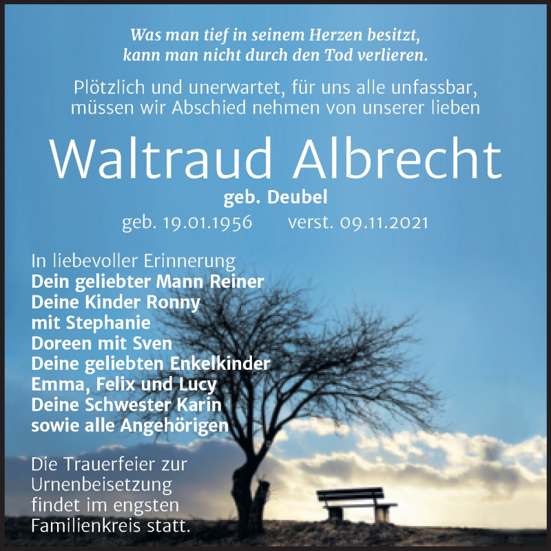  Traueranzeige für Waltraud Albrecht vom 24.11.2021 aus Trauerkombi Weißenfels