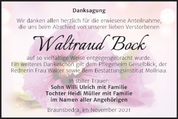 Traueranzeige von Waltraud Bock von Trauerkombi Merseburg