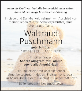 Traueranzeige von Waltraud Puschmann von Trauerkombi Quedlinburg