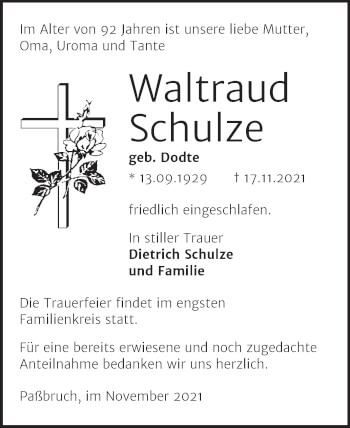 Traueranzeige von Waltraud Schulze von Trauerkombi Sangerhausen