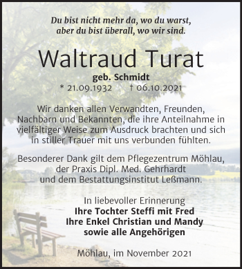 Traueranzeige von Waltraud Turat von Trauerkombi Wittenberg