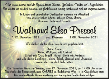 Traueranzeige von Waltraud Elsa Pressel von Trauerkombi Quedlinburg
