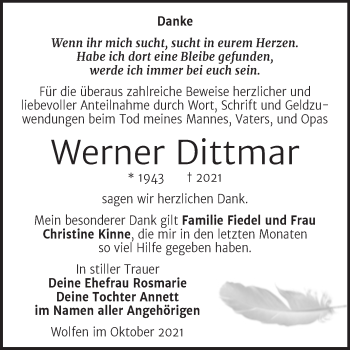Traueranzeige von Werner Dittmar von Trauerkombi Bitterfeld