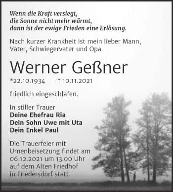 Traueranzeige von Werner Geßner von Trauerkombi Bitterfeld