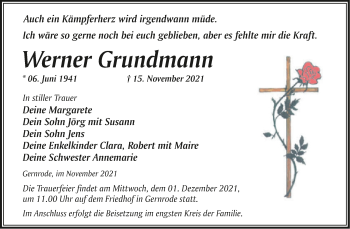 Traueranzeige von Werner Grundmann von Trauerkombi Quedlinburg